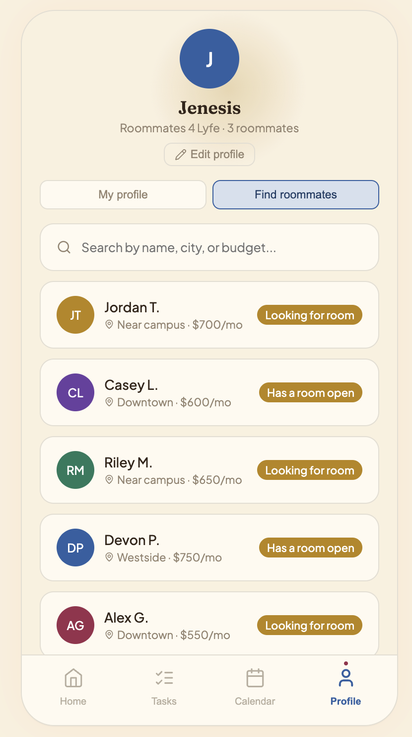 Roomies roommate finder screen
