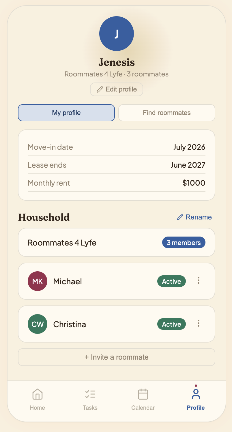 Roomies profile screen
