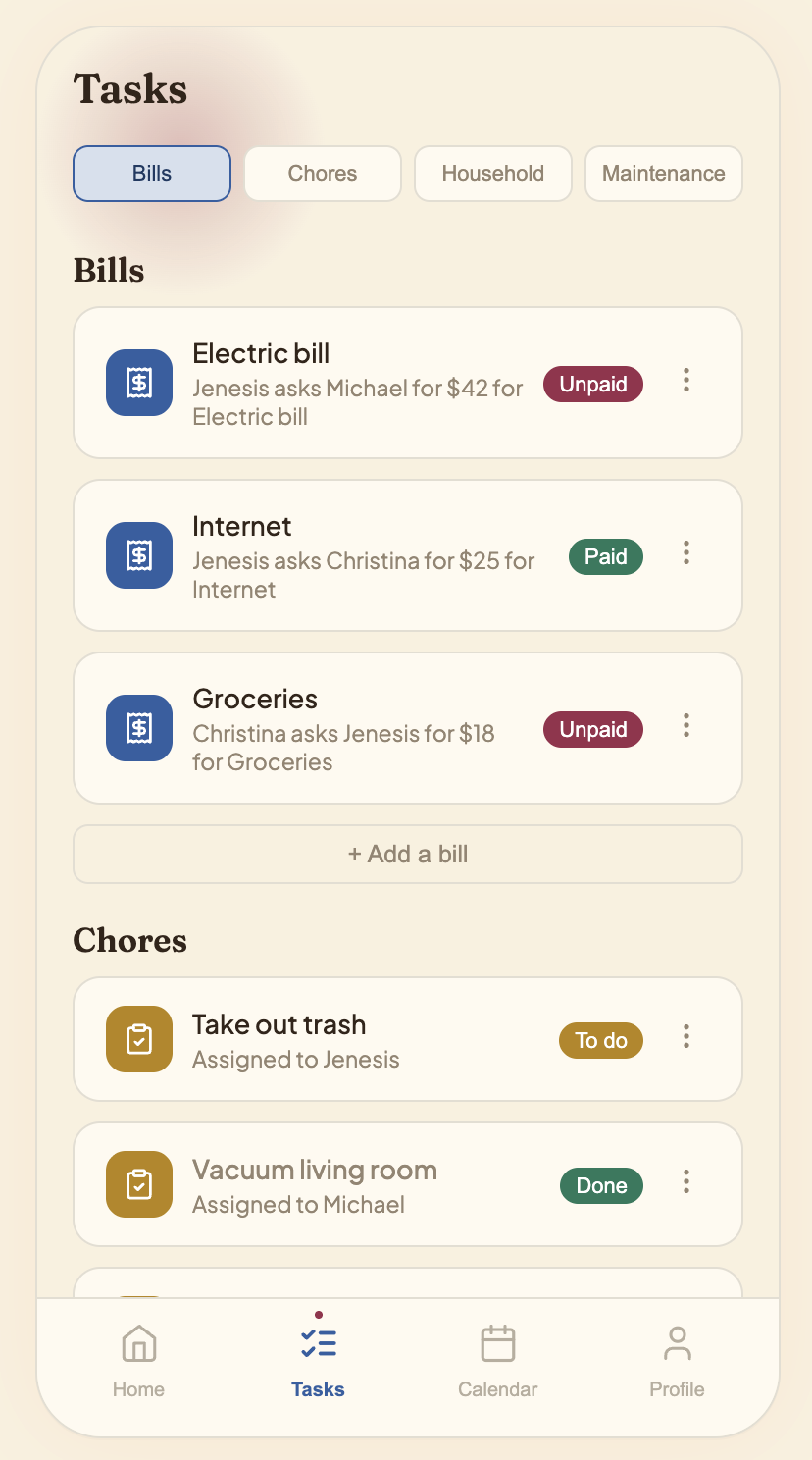 Roomies tasks screen