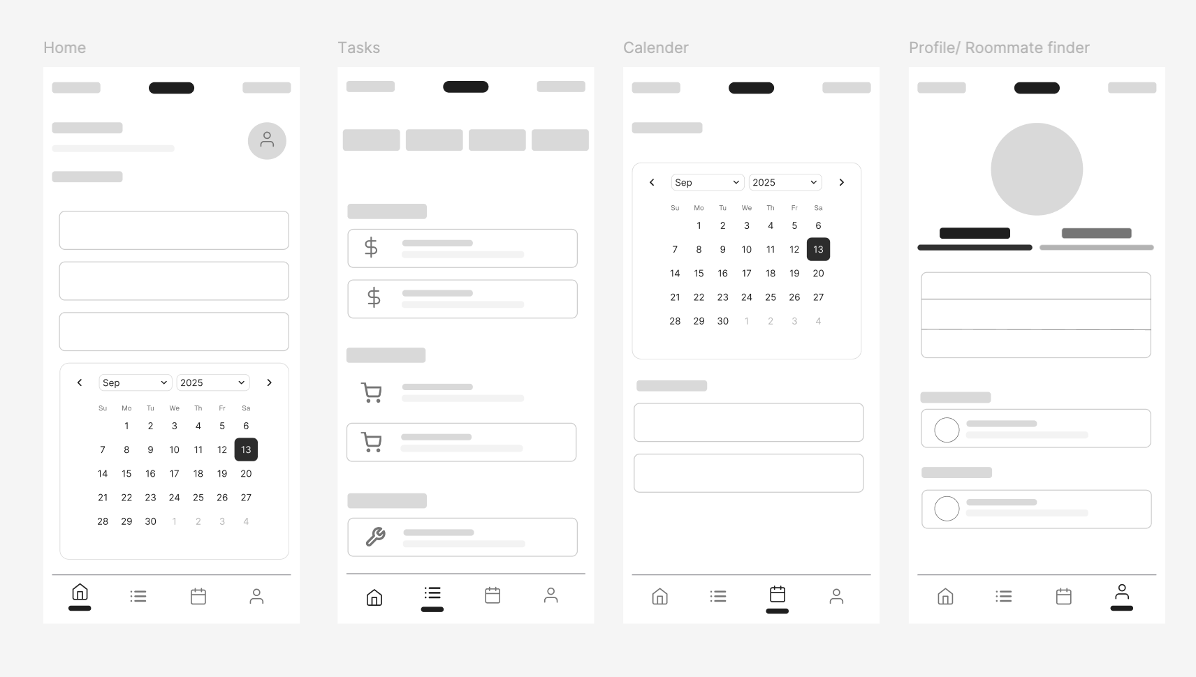 Roomies low-fidelity wireframes